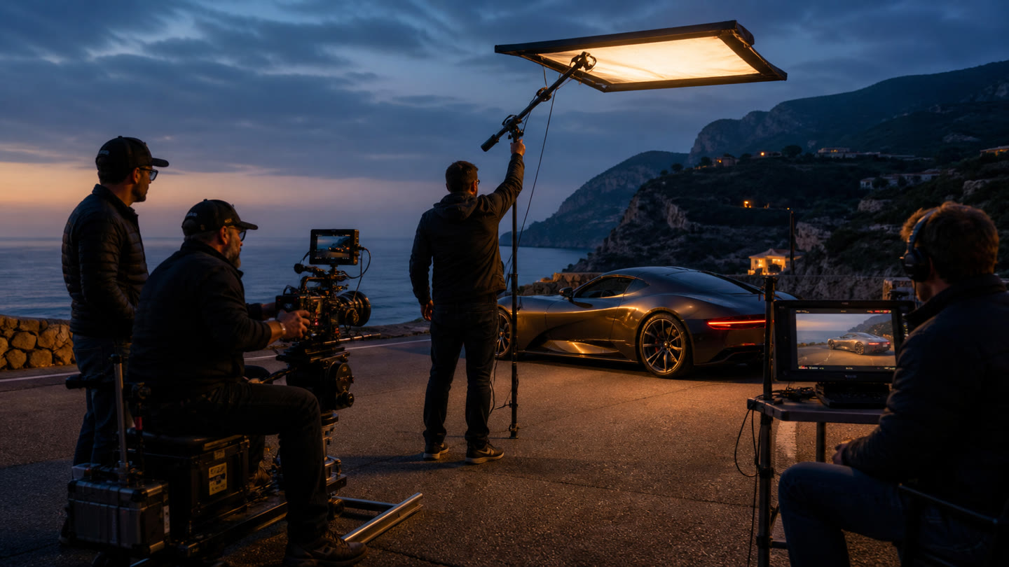Cinema crew filming an exotic performance car at blue hour