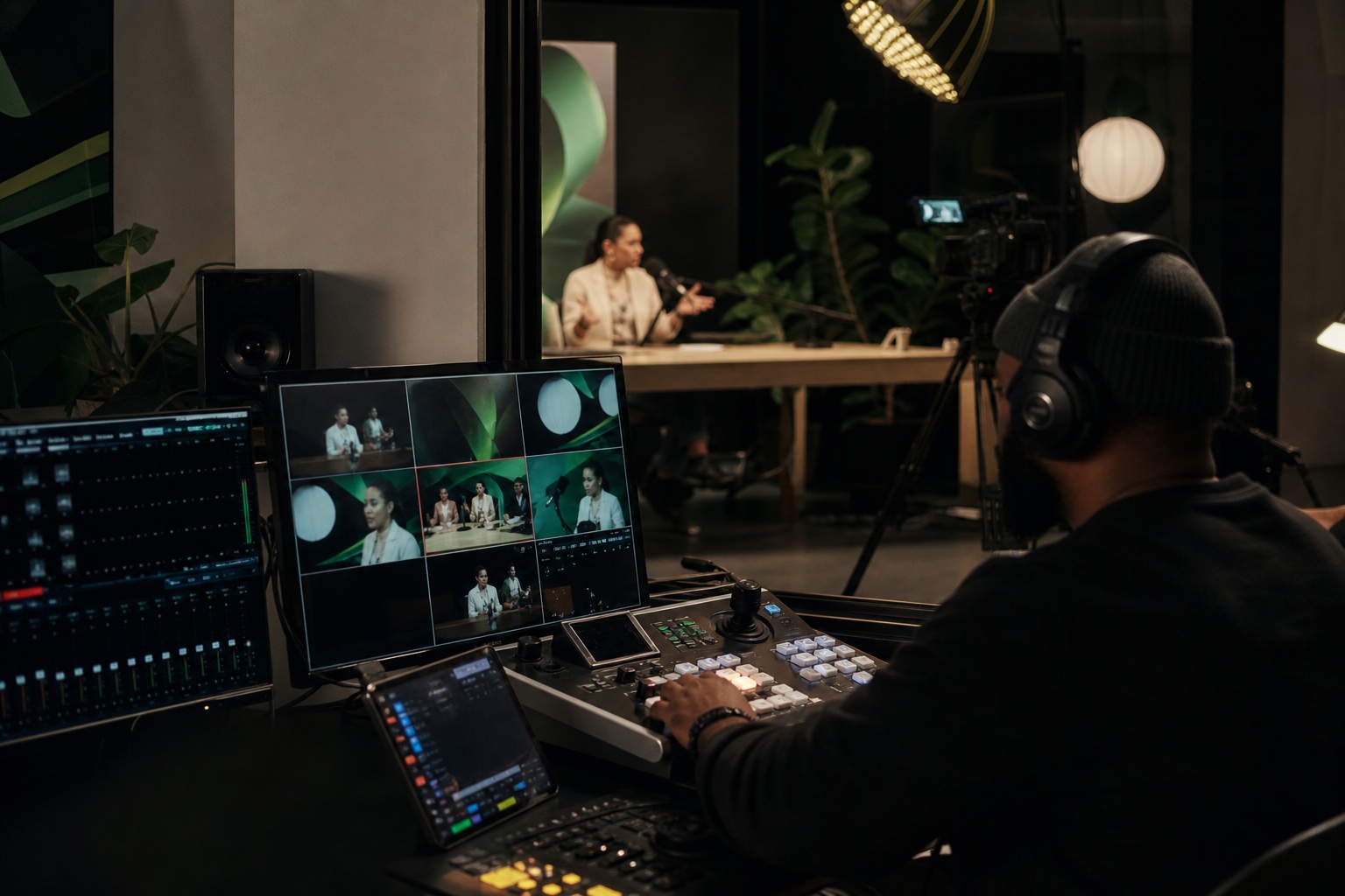 Producer directing a creator-led livestream from a control room