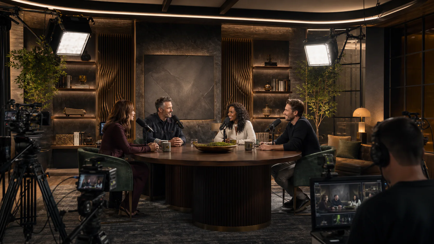 Four established creators recording a premium multicamera podcast on a purpose-built studio set