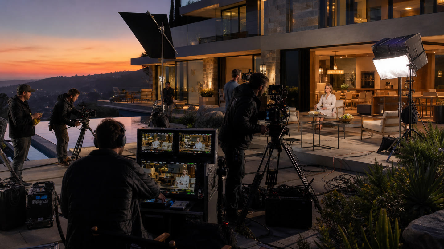 Full production crew filming at a premium architectural location