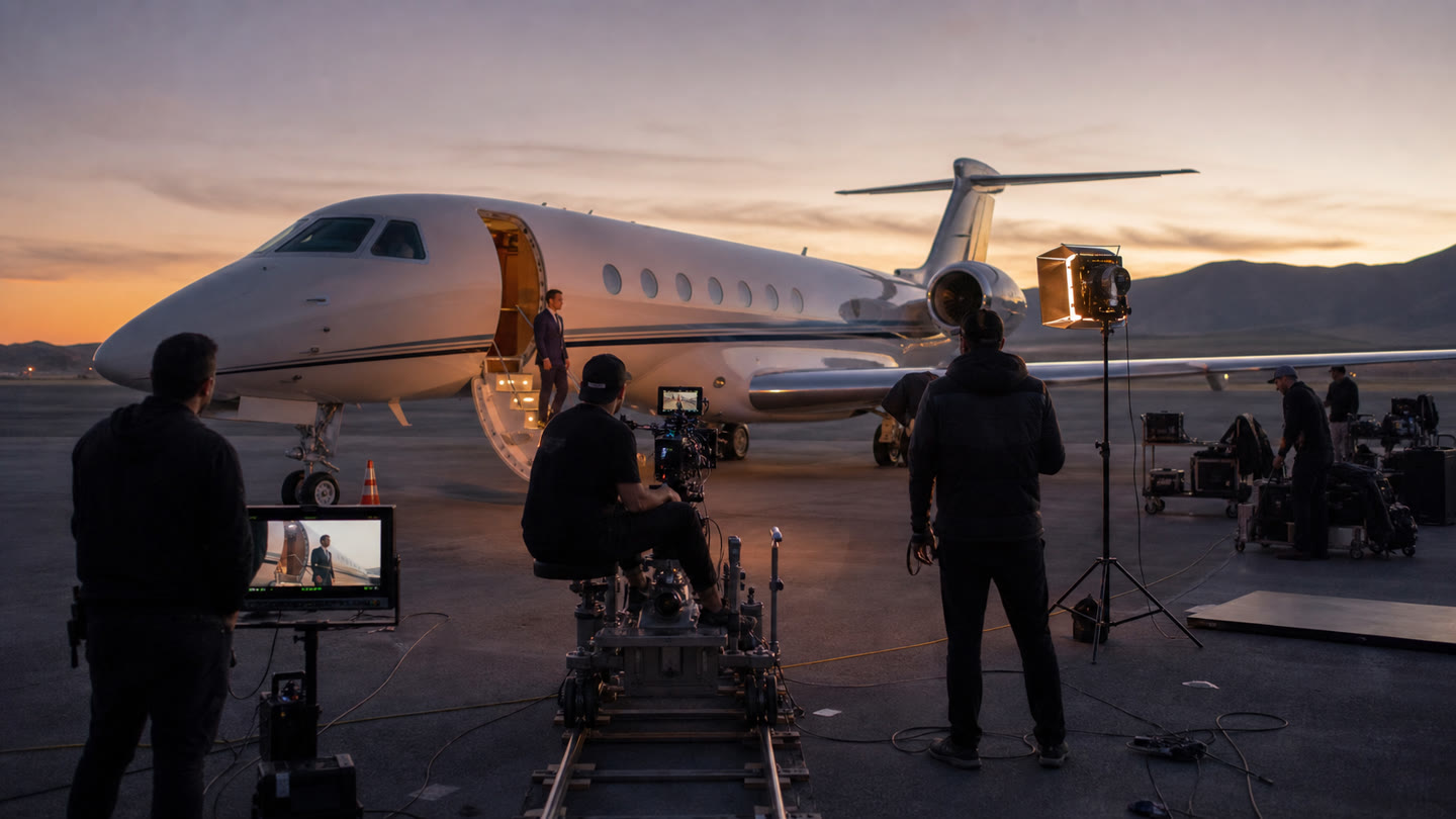 Professional production crew filming beside a private jet at dusk
