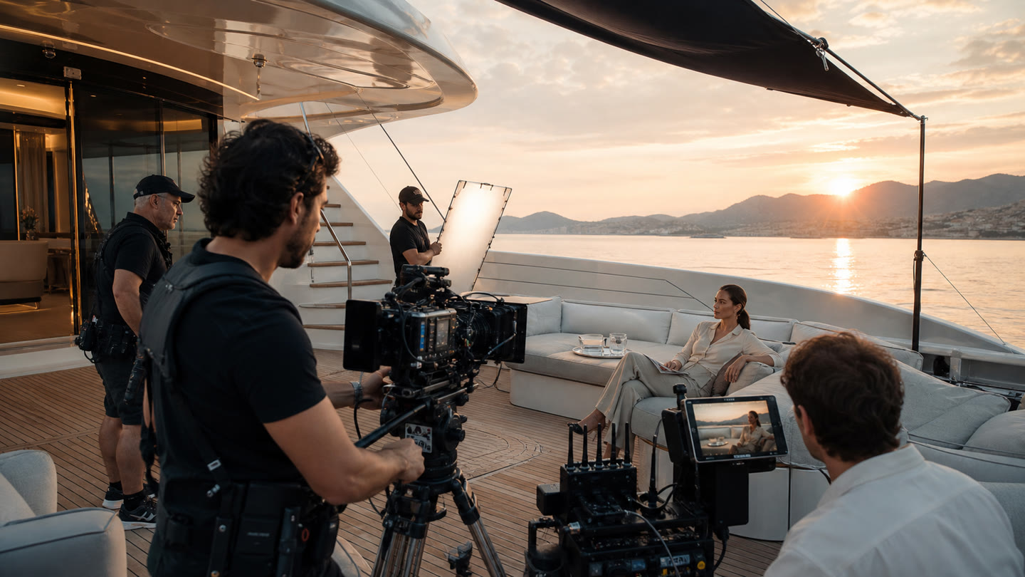 Professional cinema production underway aboard a luxury yacht
